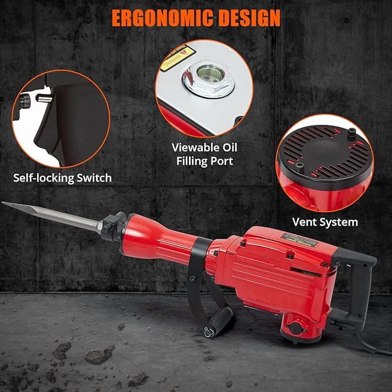 Demolition Jack Hammer - Max 1700W Electric Heavy Duty, Concrete Breaker, 4pcs Pieces Bit, Chipping W/Case, Gloves, Red