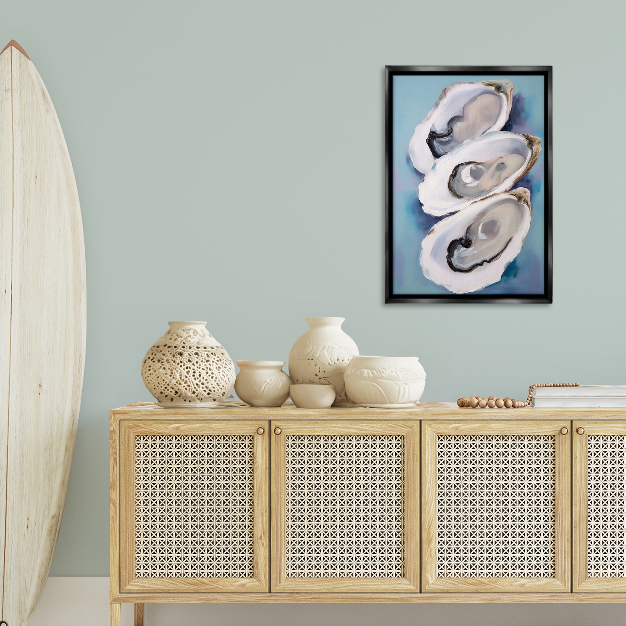 Stupell Industries Three Oyster Shells Animals & Insects Painting Black Floater Framed Canvas Art Print Wall Art, 21 x 31