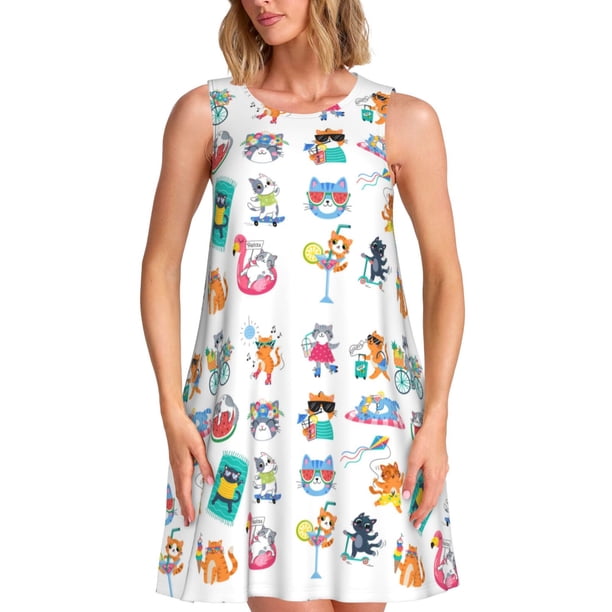 Fotbe Hello Summer Cat Vestido de Verano sin Mangas para Mujer – Vestido Midi Línea A, Estilo Camiseta Floral, Vestido Playero Casual y Fluido