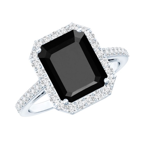 Rosec Jewels Certified Lab Grown Black Diamond Emerald Cut Engagement Ring 3 Ct (AAAA Grade) - Black and White Diamond Ring, 925 Sterling Silver, US 4.00