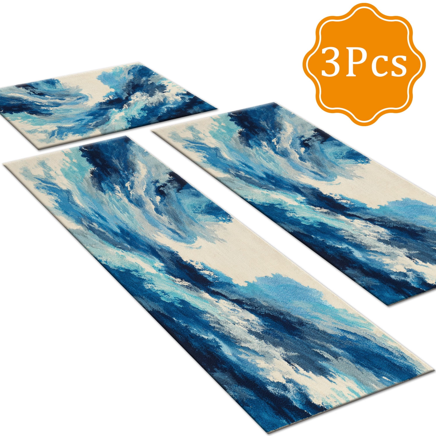 3-Piece Farmhouse Kitchen Rug Set, Washable Anti Slip Striped Floor Mats in 3 Sizes, Stain Resistant Decor Rugs for Kitchen Hallway Bathroom Home Christmas Decor