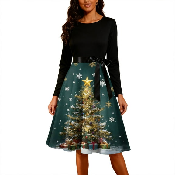Christmas Dresses for Women Women's Fashion Round Casual Slim Fit Christmas Print Large Swing Long Sleeve Dress for Holiday Party,Dark Green,L