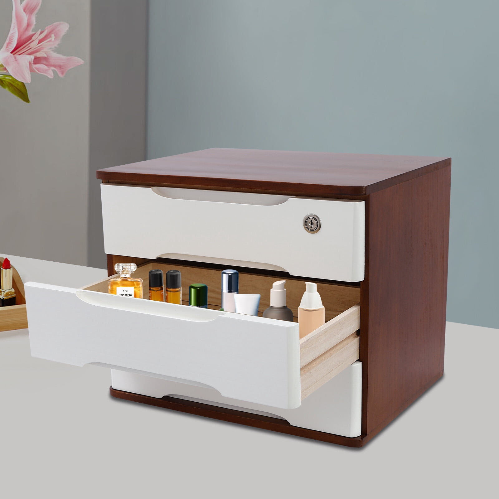 ToppiJoy 3-Tier Wooden Desktop Storage Box with Lockable Drawers, Modern Tung Wood Desk Organizer, Bamboo Storage with Keys (Walnut, White)