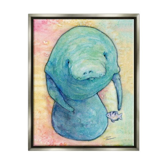 Stupell Industries Aquatic Manatee Among Fish Rainbow Watercolor Detail Painting Luster Gray Floating Framed Canvas Print Wall Art, Design by Steve Vanderbosh
