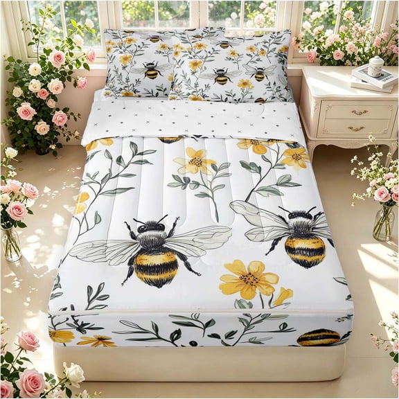 Erosebridal Rustic Bee Zipper Twin Comforter Sets with Fitted Sheet and 2 Pillowcases,Watercolor Floral Zipper Bedding Set,White Gray,Reversible,4pcs