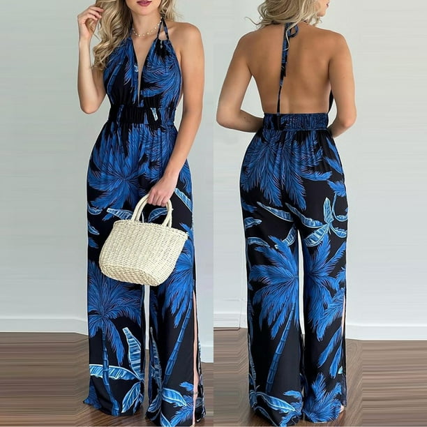 Women Fashion Halter Backless Slit Leg Floral Print Jumpsuit