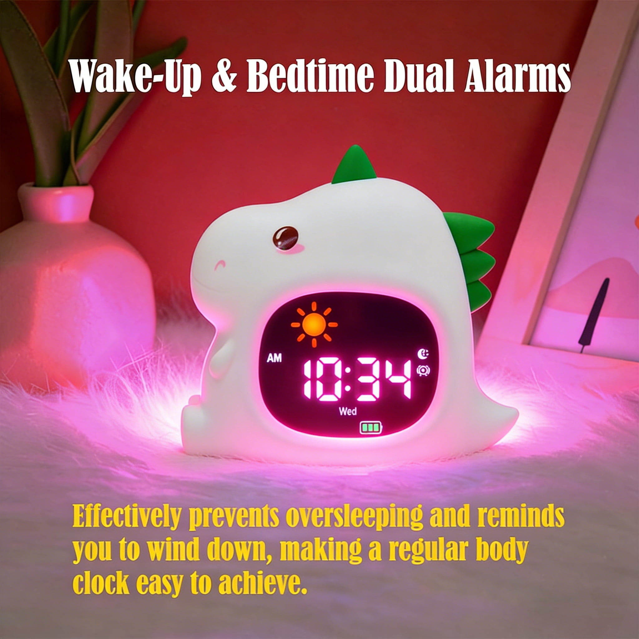 Dinosaur Children's Sleep Training Alarm Clock - Night Light with Wake Up Light, Sleep Sound, and Color Changing Emotion Light