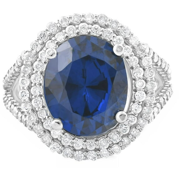 Pompeii 6 1/5 Ct Diamond Oval Blue Sapphire Diamond Double Halo Ring 10K White Gold