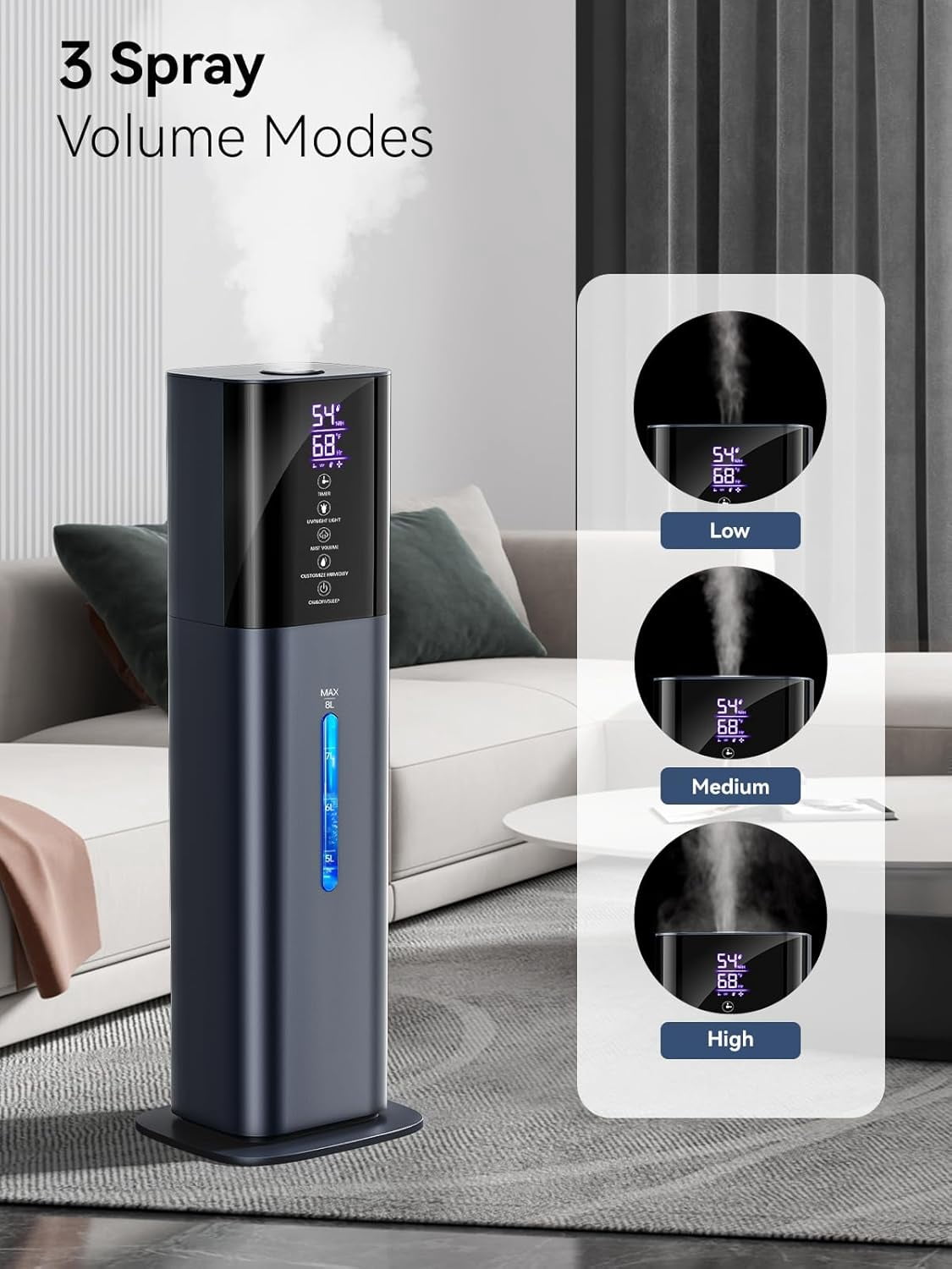 Humidifiers for Bedroom, 2.11Gal 8L Quiet Humidifiers for Large Room with Timer, 360°Nozzle, 3 Speed Ultrasonic Cool Mist Humidifier with Humidistat for Baby Home Adults Plants
