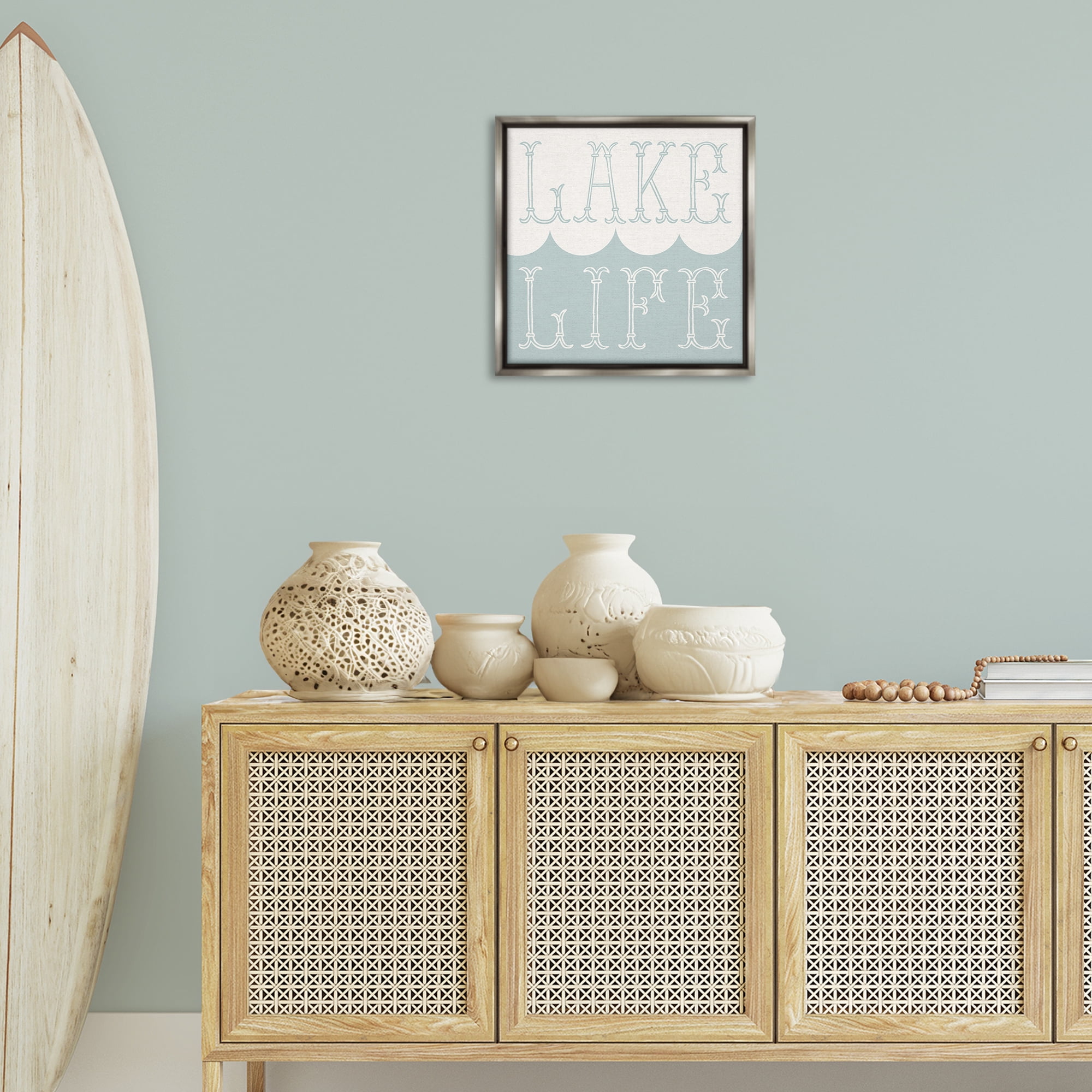 Stupell Industries Lake Life with Wave Nautical & Beach Painting Gray Floater Framed Canvas Art Print Wall Art, 18 x 18