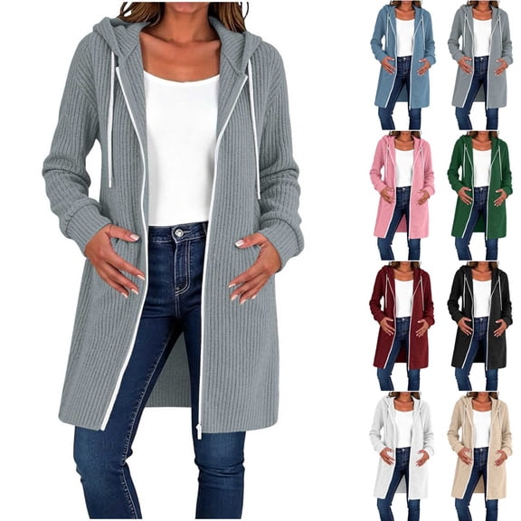 Sweatshirt for Women Soft Cozy Ribbed Knit Zip Up Hooded Coat Side Pockets Drawstring Hood Home for Lounge Travel Layering | TruBelle,Beige L