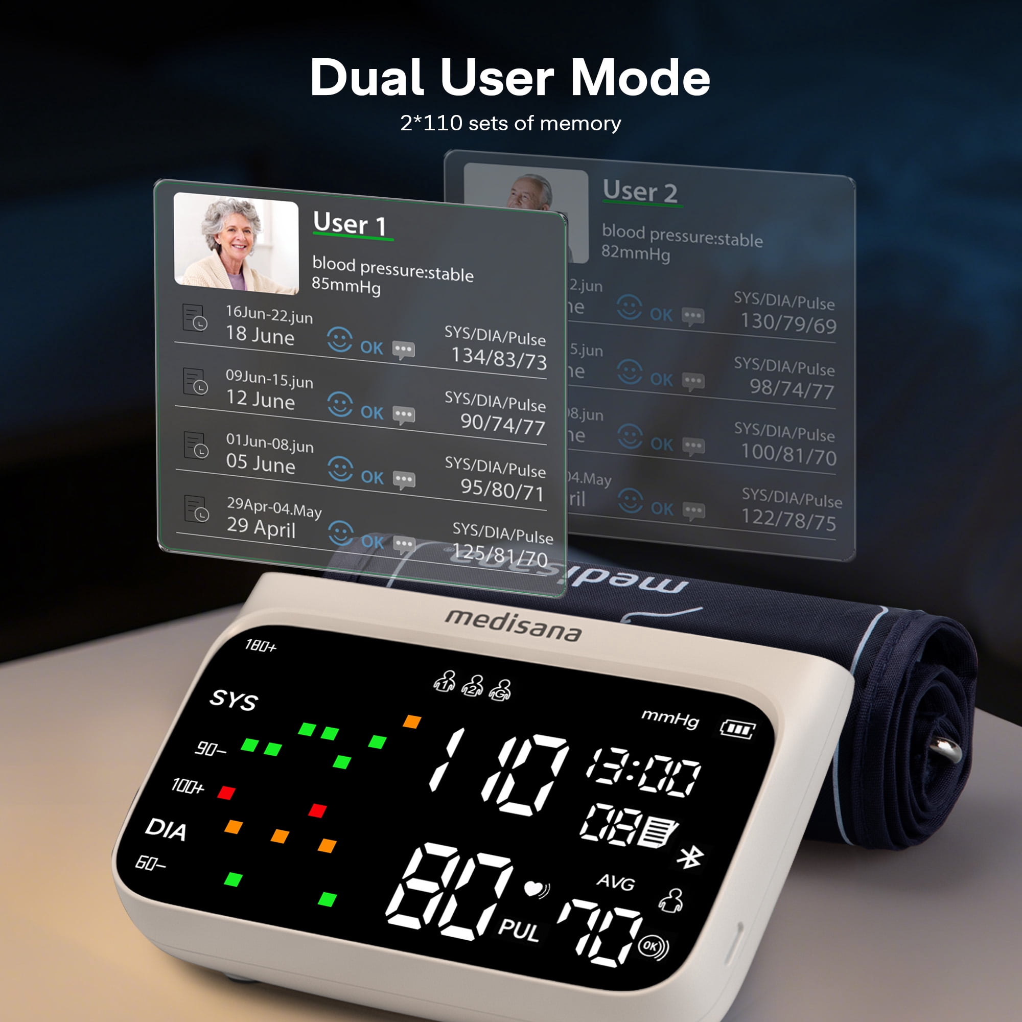Medisana Cordless Arm Blood Pressure Monitor, Bluetooth Smart Blood Pressure Monitors for Home Use with App Tracking, Blood Pressure Machine with LED Color Dual-Display, Extra-Large Adult Cuff
