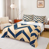 Homewish Teens Bohemian Aztec Queen Sheet Sets, Wheat Navy Stripe Lines Flat Sheet, Fashion Abstract Ombre Queen Fitted Sheet, Ultra Soft Bedroom Decor, 4-Piece