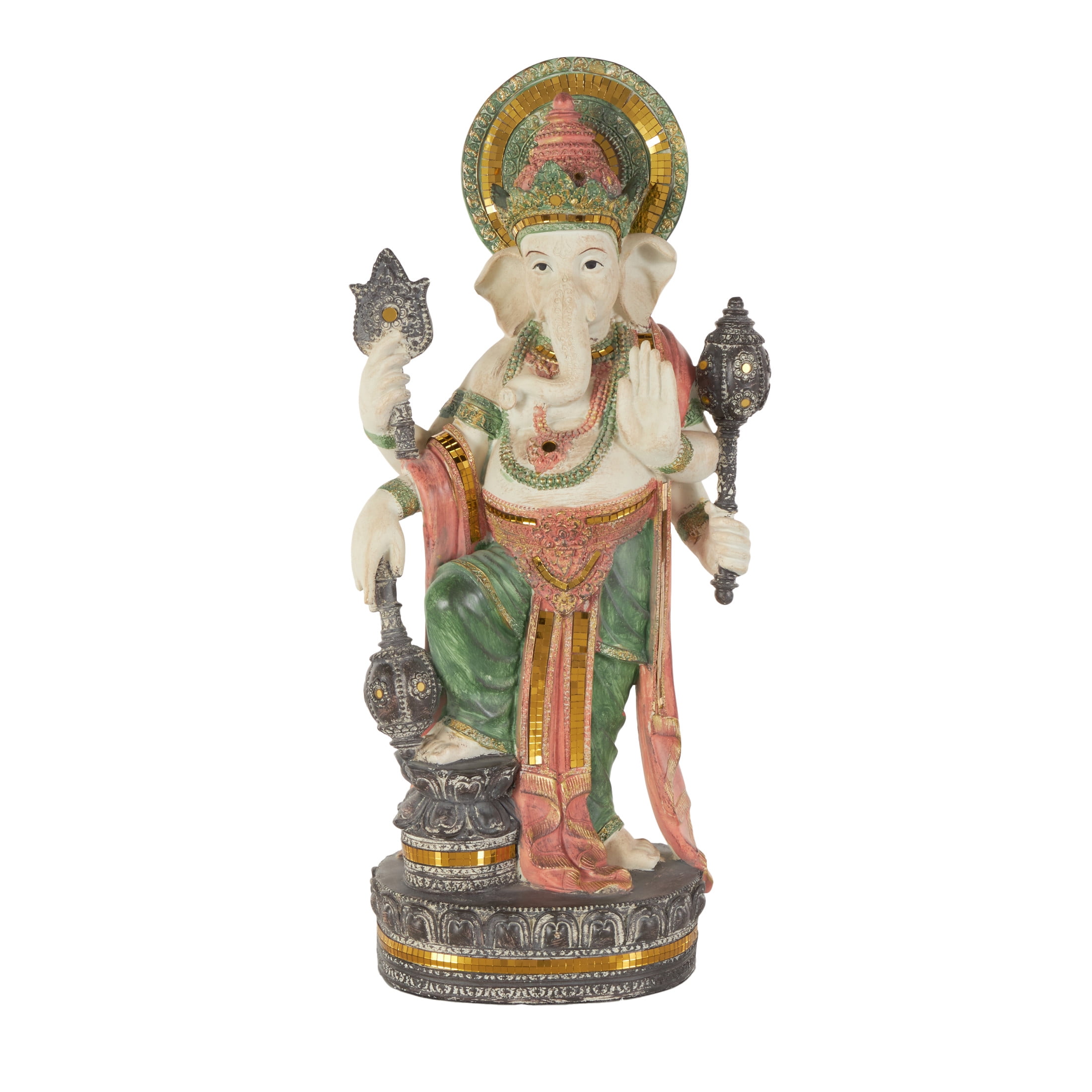 12" x 27" Gold Resin Ganesh Sculpture with Green, Blue, and Red Accents, by DecMode