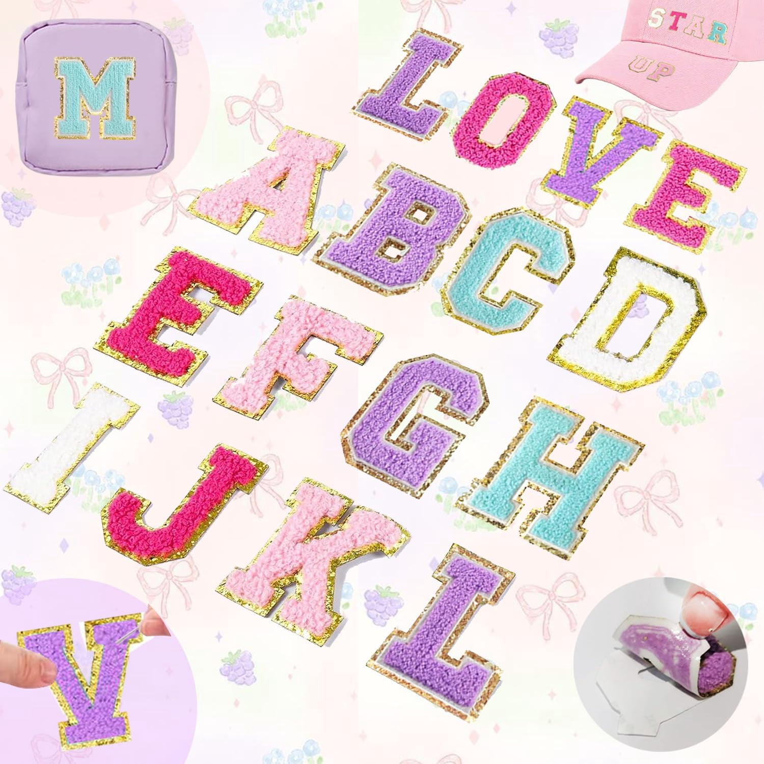 52Pcs Self Adhesive Chenille Patches for DIY Clothing, A-Z Alphabet Applique Patches Stick on Letters Glitter Chenille Patches Sticker for Clothing, Makeup Hats, Bags, Backpacks, laptops