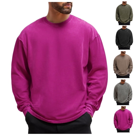 Vintage Oversized Crew Neck Sweatshirt for Men Long Sleeve Shirt Basic Solid Color Tee Acid Wash Shirt Pullover Top