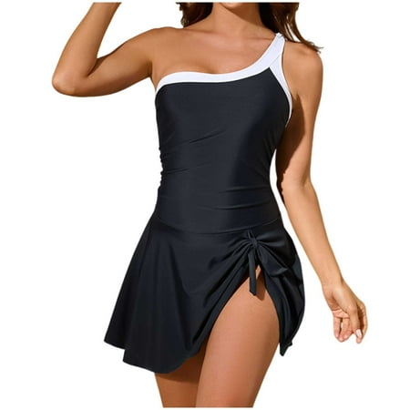 Wdfiry Women s One Shoulder One Piece Swimsuits Color Block Tummy Control Tie Knot Bathing Suit Seamless Swim Dress