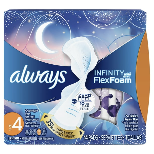 Always Infinity Size 4 Overnight Pads with Wings, Unscented, 14 Count