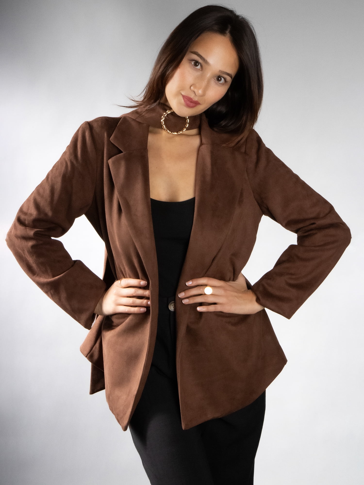 DARING DIVA Women's Elegant Faux Suede Wrap Belt Stylish Design Blazer M Brown