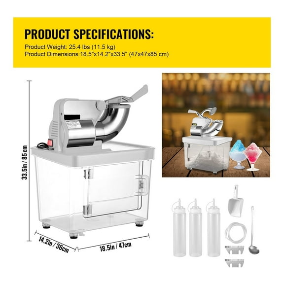 Electric Snow Cone Machine, Ice Crusher, Glass Graner, Blender, Chopper, Stainless Steel, Cold, Commercial