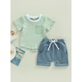 thumbnail image 2 of Baby Boys Summer Outfits Set Short Sleeve Striped T-Shirt Tops + Solid Color Short Pants 6 12 18 24 Months 2T 3T, 2 of 8