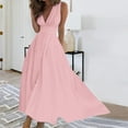 thumbnail image 2 of Timoontee Ladies Plus Size A-Line Long Dress Elegant Vintage Solid Sundress V-Neck Beachdress Waist Ruched Flowy Skater Dresses Daily Summer Slim Sleevelsss Dress Fashion Trendy Pink XXL, 2 of 5