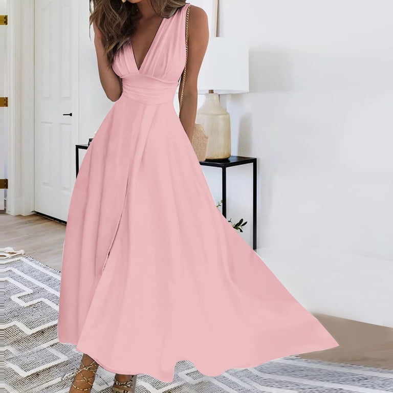Timoontee Ladies Plus Size A-Line Long Dress Daily Summer Slim Sleevelsss  Dress Fashion Trendy Elegant Vintage Solid Sundress V-Neck Beachdress Waist  ...