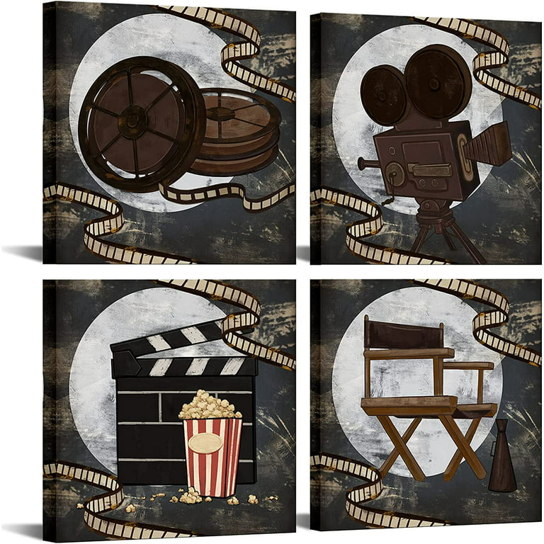 Home Theater Canvas Wall Art Movie Pictures Cinema Painting Film Reels  Popcorn Artwork for Media Room Bedroom Living Room Decor Framed Ready to  Hang 12x12x4Pcs 