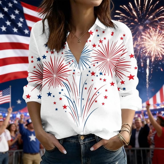American Flag Shirts Women Graphic Tees Patriotic T-Shirts Long Sleeve Button Down Blouse Top USA Flag Star Stripe Tops Going Out Tops Casual Blouses 2026 Summer Beach Vacation Outfits