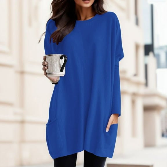 Wuxian Women Shirt Dress Long Sleeve Crewneck Solid Color Oversized Loose Fit Spring Winter Comfortable Long T Shirt Top With Pocket Blouse Casual Top Blouse,Blue,M