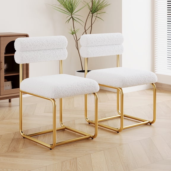 Set of 2 White Teddy Fabric Dining Chairs, Modern Minimalist Upholstered Kitchen Chairs with Ergonomic Curved Backrest & Gold Iron Legs, Comfortable Foam Seat for Dining Room & Home