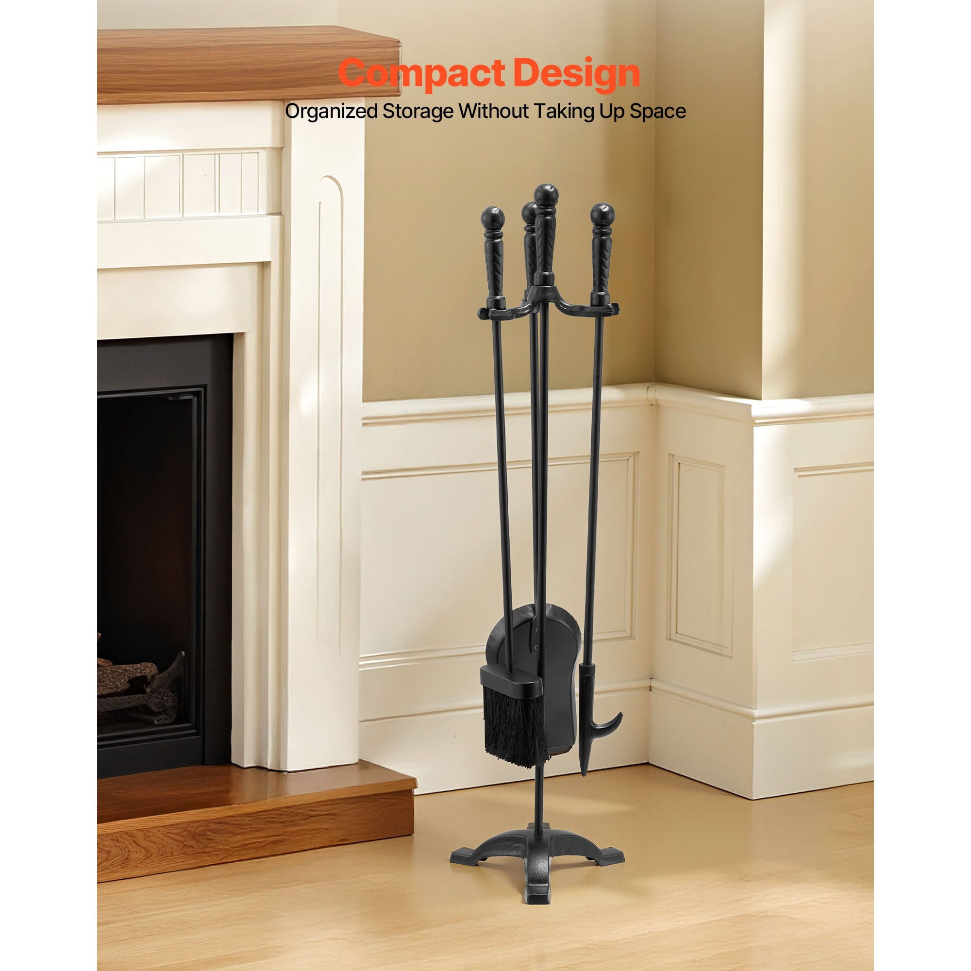 4-in-1 Fireplace Tool Set with Poker, Ash Shovel, Brush, Stand, Wrought Iron & Carbon Steel, for Indoor Wood Stove Fire Pit