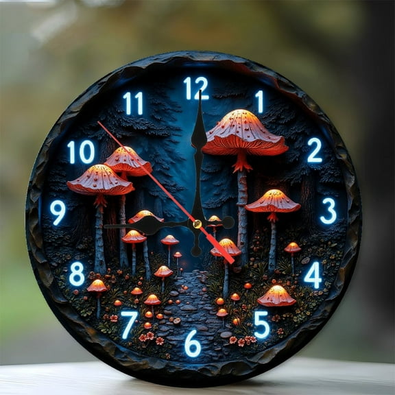 Mushroom Forest Glow Clock Wall Decor 10-Inch Silent Wooden Wall Clock, Battery Operated (AA Batteries Not Included), Artistic Home Decor