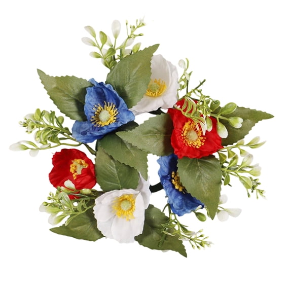 4th of July Candle Rings Artificial Flower Wreath Red Blue White Patriotic Candle Holder 7.9" Tables Centerpieces Home Farmhouse Decor for Independence Day Memorial Day