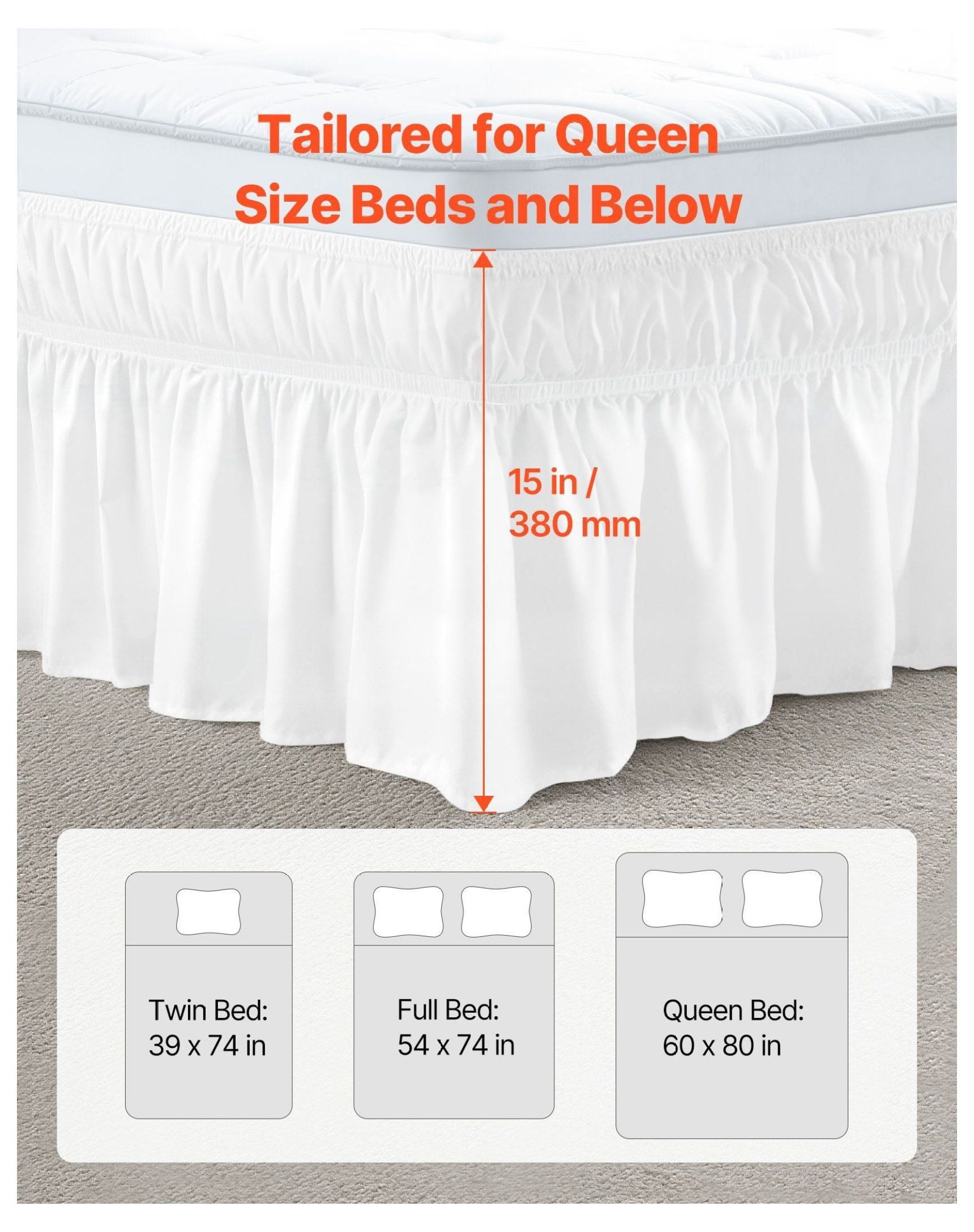Queen Bed Skirt 15 Inch Drop White, Wrap Around 3 Sides Adjustable, Dust Ruffle with Elastic Strap, Wrinkle Resistant, Machine Washable for Queen Beds