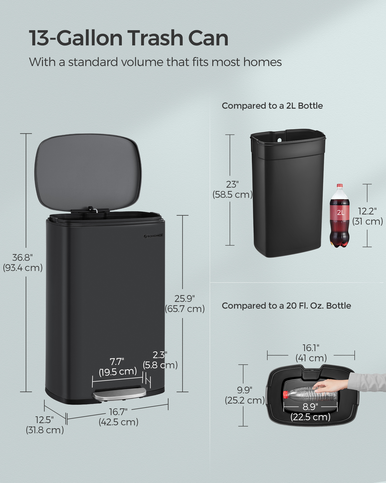 SONGMICS 13 Gallon (50 L) Trash Can, Stainless Steel Kitchen Garbage Can, Recycling or Waste Bin, Soft Close, Step-On Pedal, Removable Inner Bucket, Black