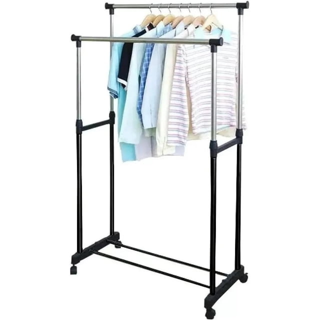 Livearty (TM) Clothing Rack Dry Rack Drying Rack Double Rod Clothing Metal Garment Rack for Hanging Clothes, Rolling Clothes Organizer with Bottom Shelves 80CM / 32 Inch in Length