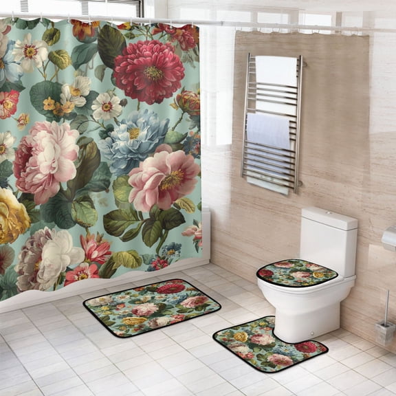 4-Piece Bathroom Set with Waterproof Shower Curtain with Non-Slip Bath Mat, U-Shaped Mat & Toilet Lid Cover Floral Pattern with Roses