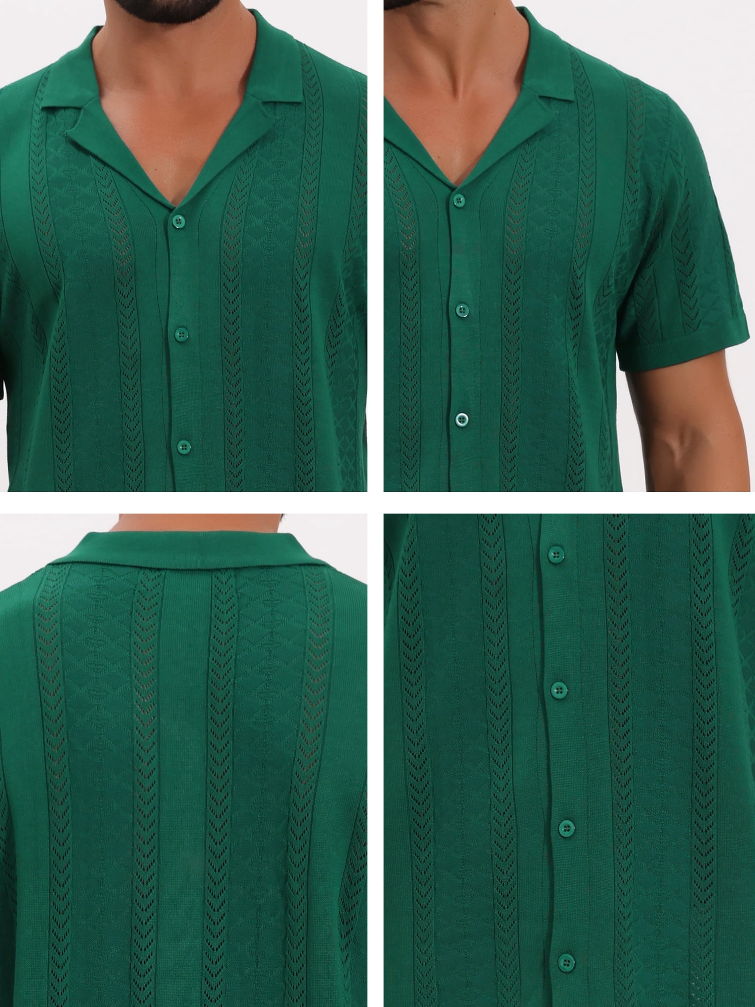 DARING DIVA Men's Hollow Knitted Shirt Short Sleeve Button Down Striped Shirts M Green