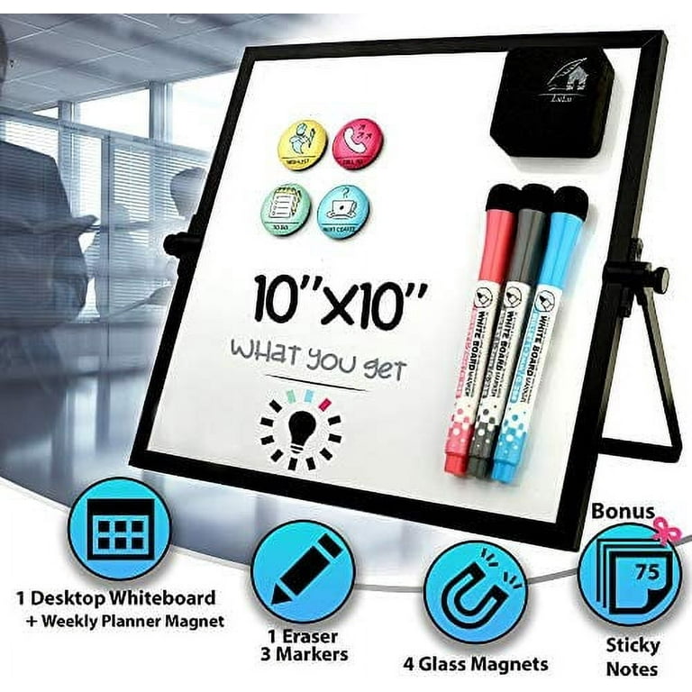 Small Desktop White Board with Weekly Planner 10x10 inch, Magnetic to Do List Dry Erase Board Calendar with Stand, 3 Markers, 4 Magnets, Eraser 