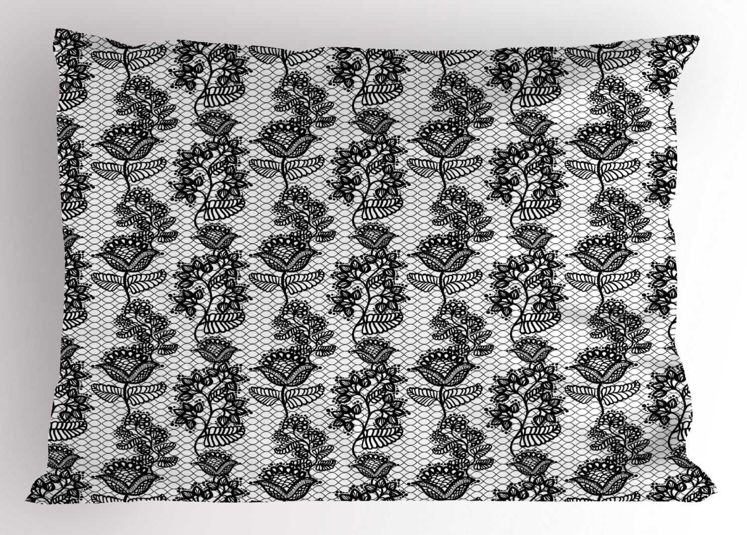 Black And White Pillow Sham Lace Style Victorian Flower Motifs On