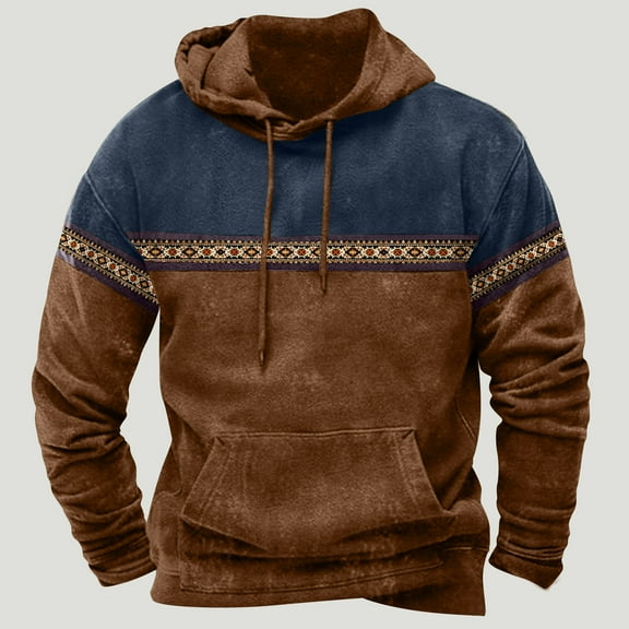Blczomt Hoodie Men Western Aztec Pullover Brown Pockets Casual Long Sleeve Mens Fashion