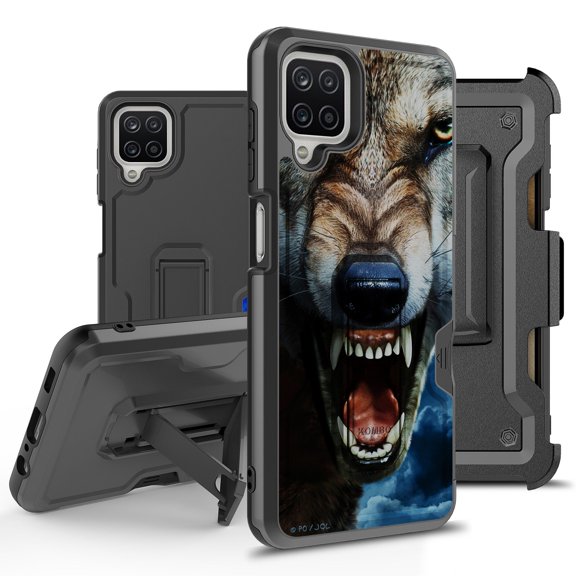 ANJ  Rugged Hybrid Shockproof Case w/Kickstand   Holster Clip Card Slot Cover for Samsung Galaxy A12 (2021 Release) - Feral Wolf