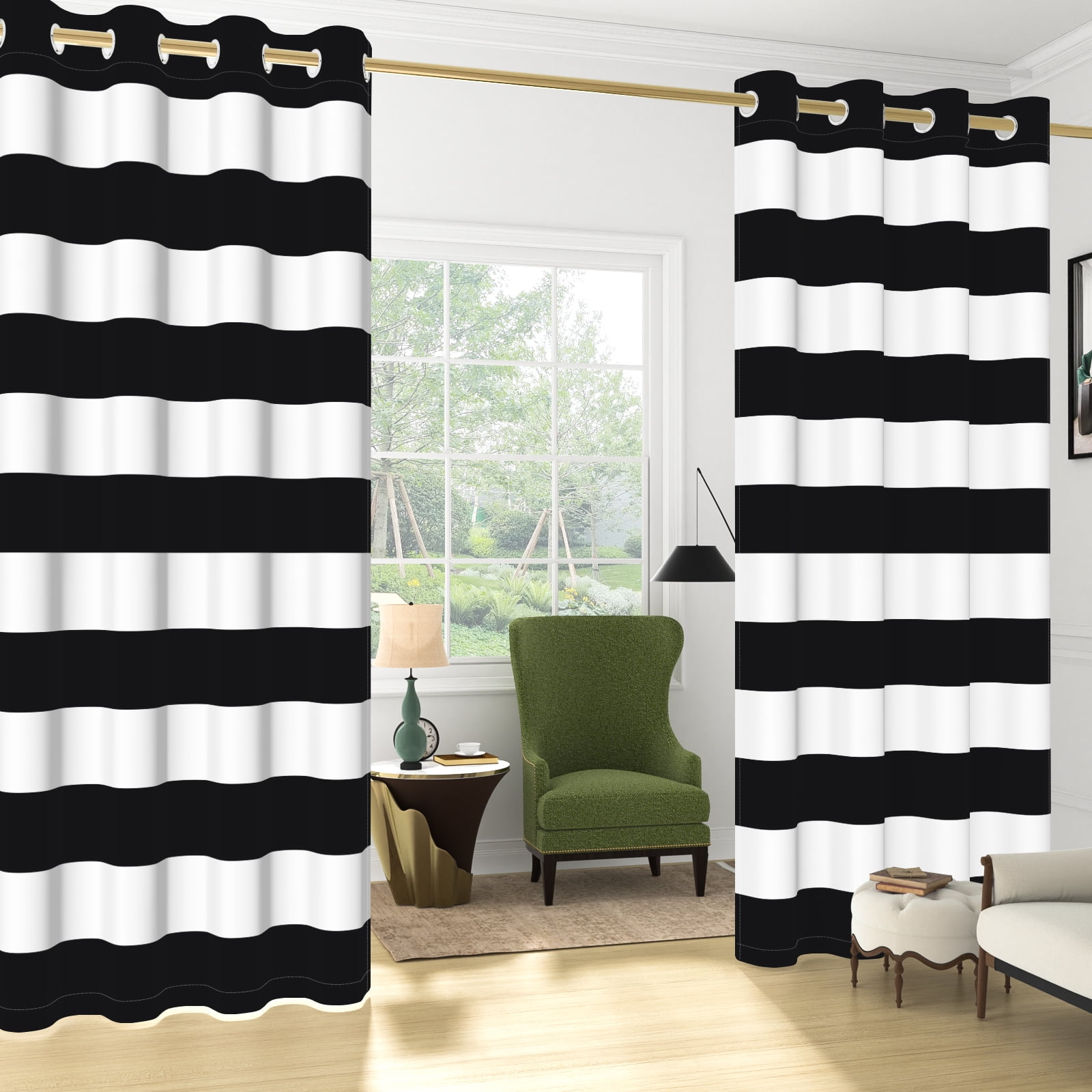 Nanqianyi Black White Horizontal Striped Blackout Curtains, Thermal Insulated Classic Grommet Drapes for Bedroom Living Room, 2 Panels 42"W x 84"L