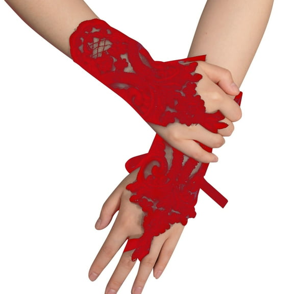 UJNDER Carnival Elegant Women's Short Lace Embroidered Gloves Fingerless Design for Tea Parties Operas Proms and Evening Events Red