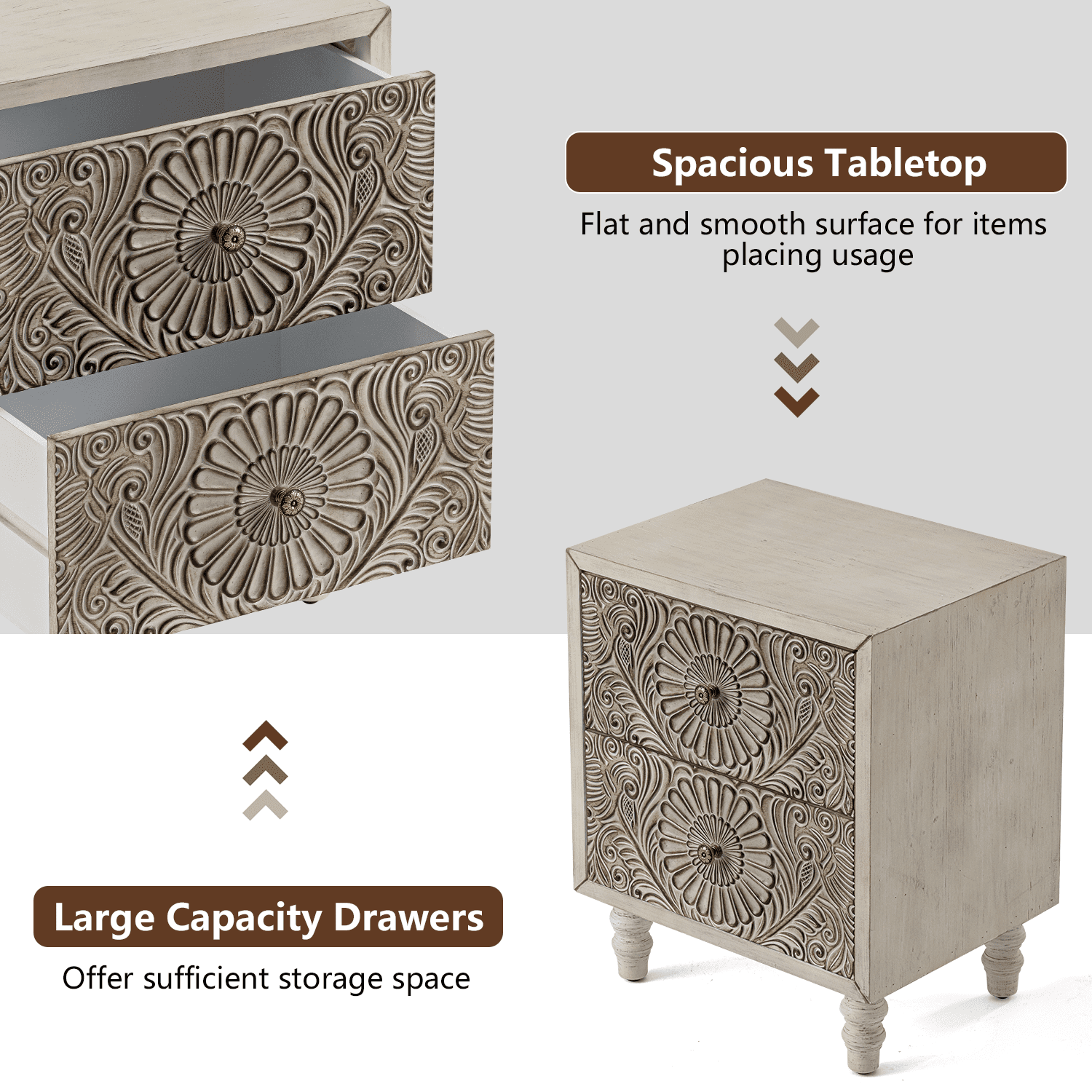 FOROUTIA Wooden Nightstand with 2 Drawers,Vintage MDF Bedside Tables with Storage