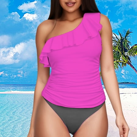 Tummy Control Swimsuit Women S Two Piece Swimsuits One Shoulder Tankini Tummy Bathing Suits Ruffle Swimwear Pink Women Blending Bikinis XXL
