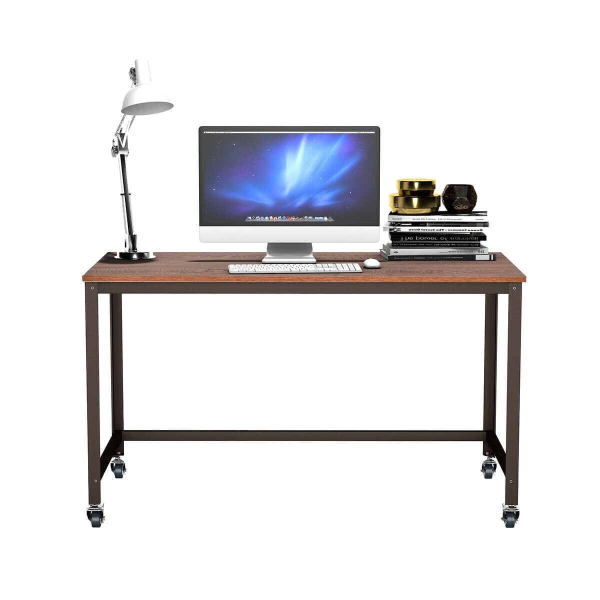 Rolling Computer Desk Metal Frame PC Laptop Table Wood Top Study