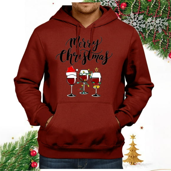 Ediodpoh Christmas Hoodies for Men 2024 Red Wine Glasses with Santa Hats Graphic Sweatshirts Pullover Sweater Winter Clothes Men's Sweatshirts Red S
