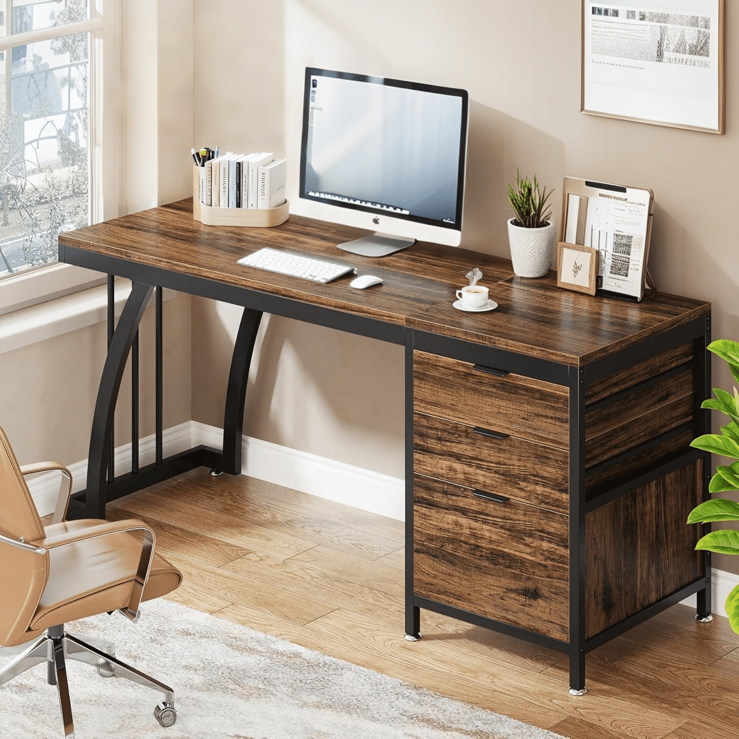 Tribesigns Computer Desk with 3 Drawers, 59-Inch PC Desk with Reversible Drawers, Industrial Study Writing Table Workstation with File Storage for Home Office, Rustic Brown